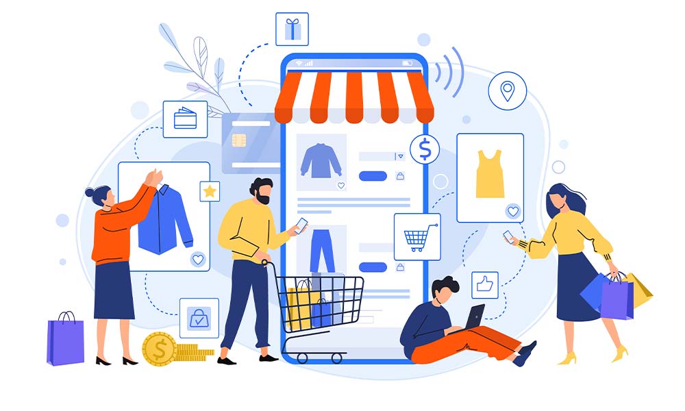 Illustration shows people buy dresses, shirts and pants using eCommerce CMS