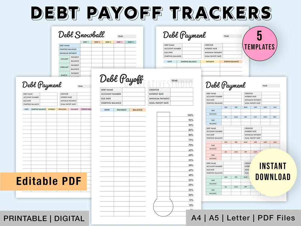 An Etsy digital product listing's cover photo called Debt Payoff Trackers