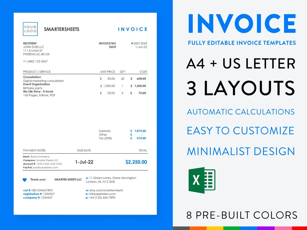 An Etsy digital product listing's cover photo called Invoice Spreadsheet