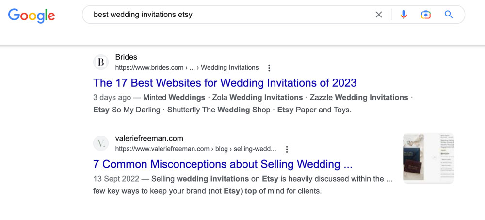 SERP for "Best Wedding Invitations Etsy" Query