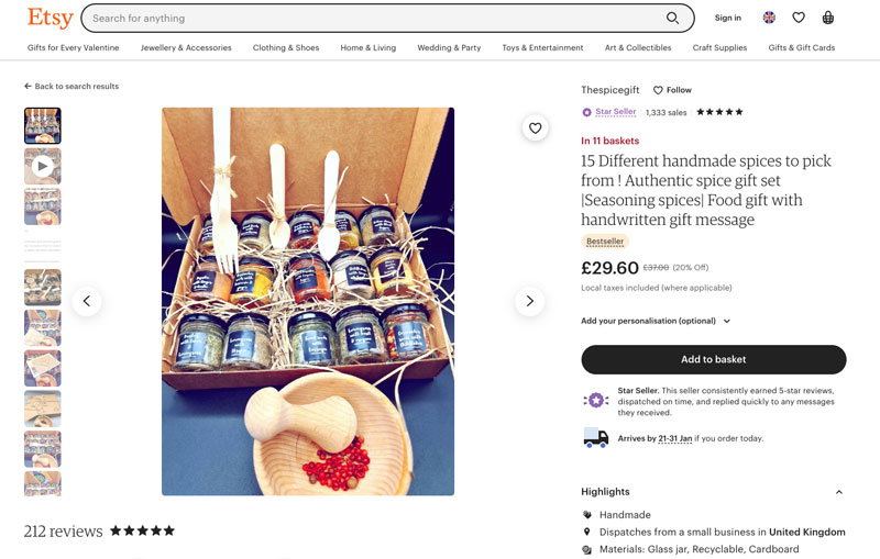 A product page of an Etsy food seller called Thespicegift