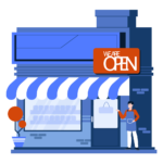 An illustration of a shop recently opened with "We Are Open" sign. The image represents things to do before opening an Etsy shop.