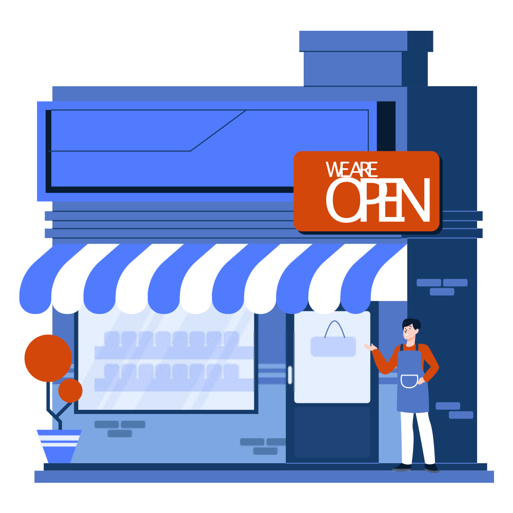 An illustration of a shop recently opened with "We Are Open" sign. The image represents things to do before opening an Etsy shop.