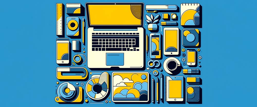 Abstract top-down illustration of a desk with geometric shapes depicting a laptop, tablet, phone, cup, and plants in blue and yellow, symbolizing an online business environment suitable for introverts, like blogging, graphic design, or e-commerce.