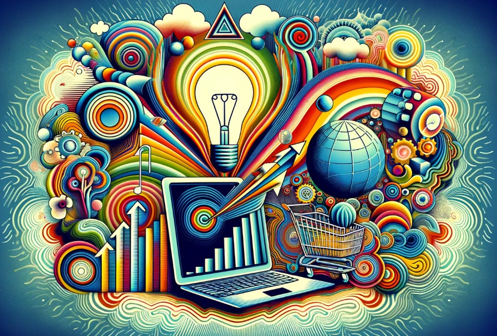 Abstract and surreal representation of starting an online business, featuring a laptop, light bulb, growth graph, shopping cart, and globe in a hallucinogenic, hipster style with a limited color palette.